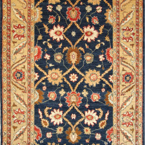 Navy traditional area rug with beige trim